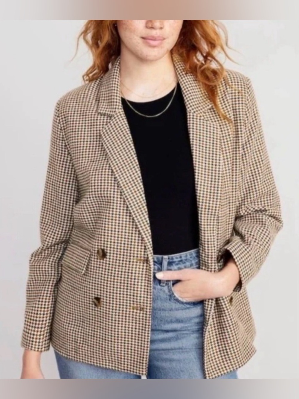 Old Navy Houndstooth Double-Breasted Blazer in Tan and Black
